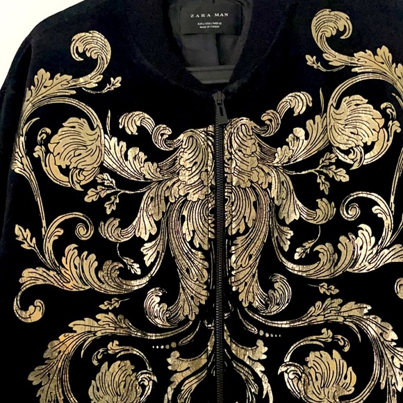 Zara Black Velour Bomber Jacket with Gold Detail - Picture 5 of 5